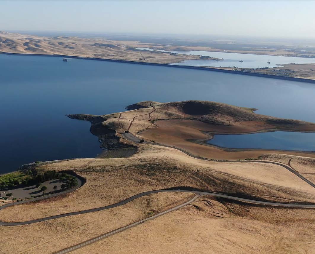 View of San Luis Reservoir, B.F. Sisk Dam, and O’Neill Forebay, looking downstream during Summer 2020